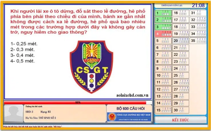 Thi thử bằng lái xe E trực tuyến mới nhất